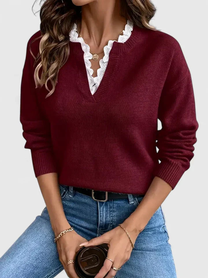 Women's V-Neck Knit Sweater – Casual Long Sleeve Pullover