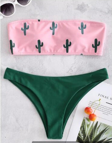 Women's Bandeau Bikini with Playful Cactus Pattern EB