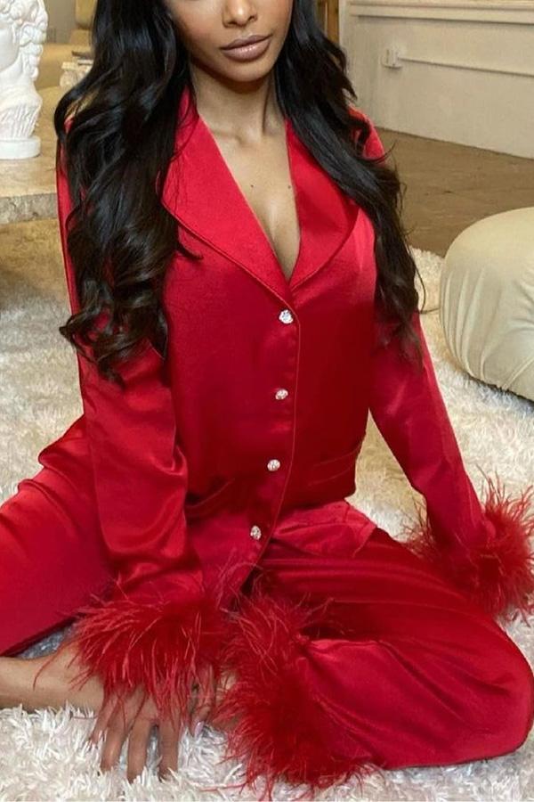 Solid Color Lapel Feather Trousers Two-piece Suit - Elena Harper