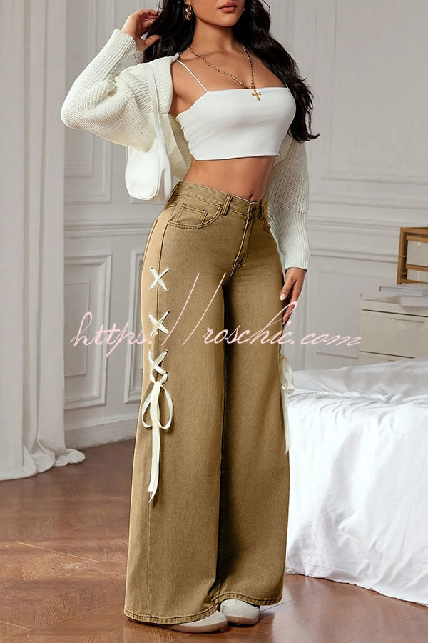 Fashionable Denim Mid Rise Side Ribbon Lace-up Pocket Wide Leg Jeans, view 7 - Elena Harper