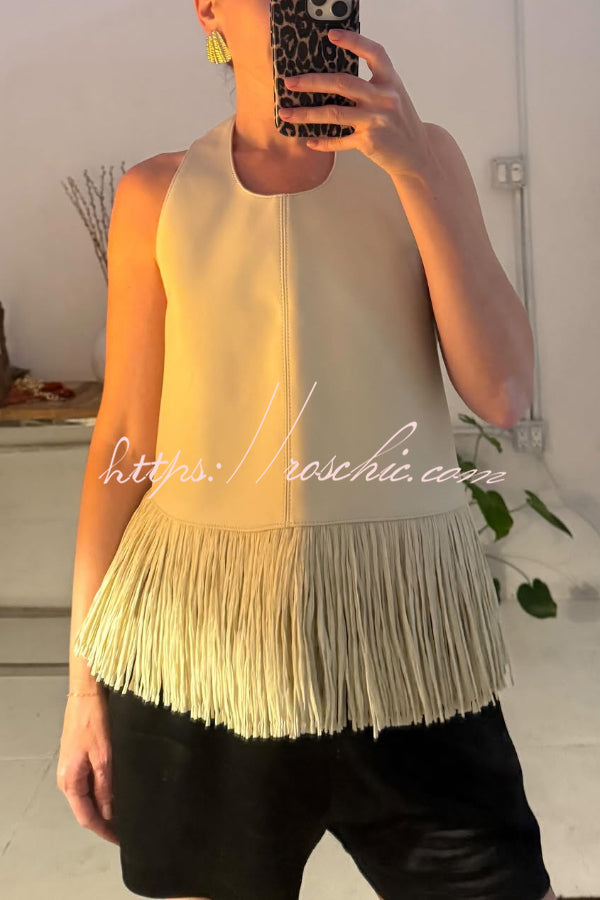 Stylish Halter Neck Sleeveless Leather Tassel Loose Top