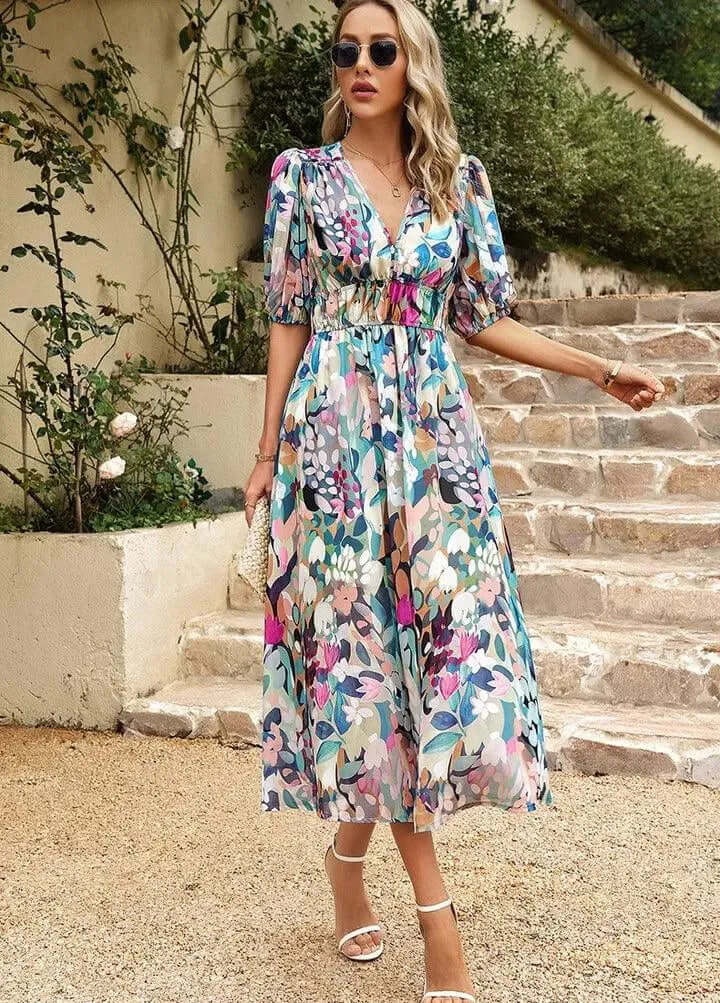 Women's Puff Sleeve Midi Dress with Cinched Waist, view 3 - Elena Harper
