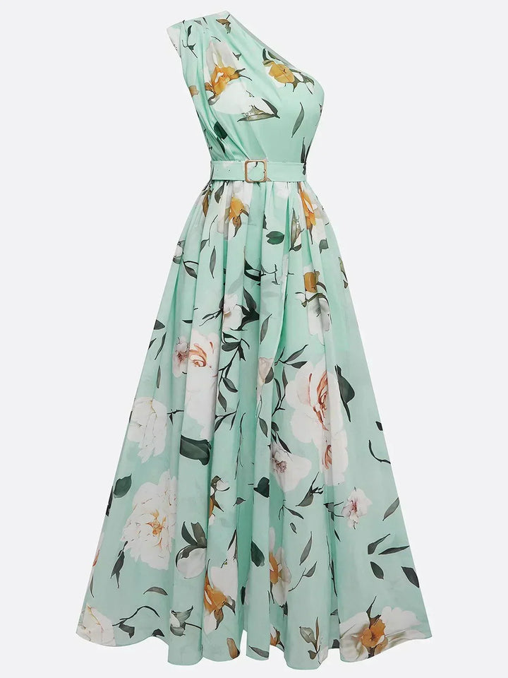 Julie Light Green Floral Chiffon One-Shoulder Maxi Dress - Elena Harper