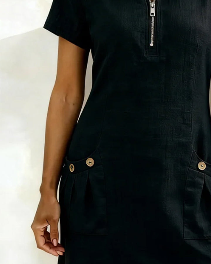Short Linen and Cotton Dress with Zipper Closure Elegant A-Line Cut - Elena Harper