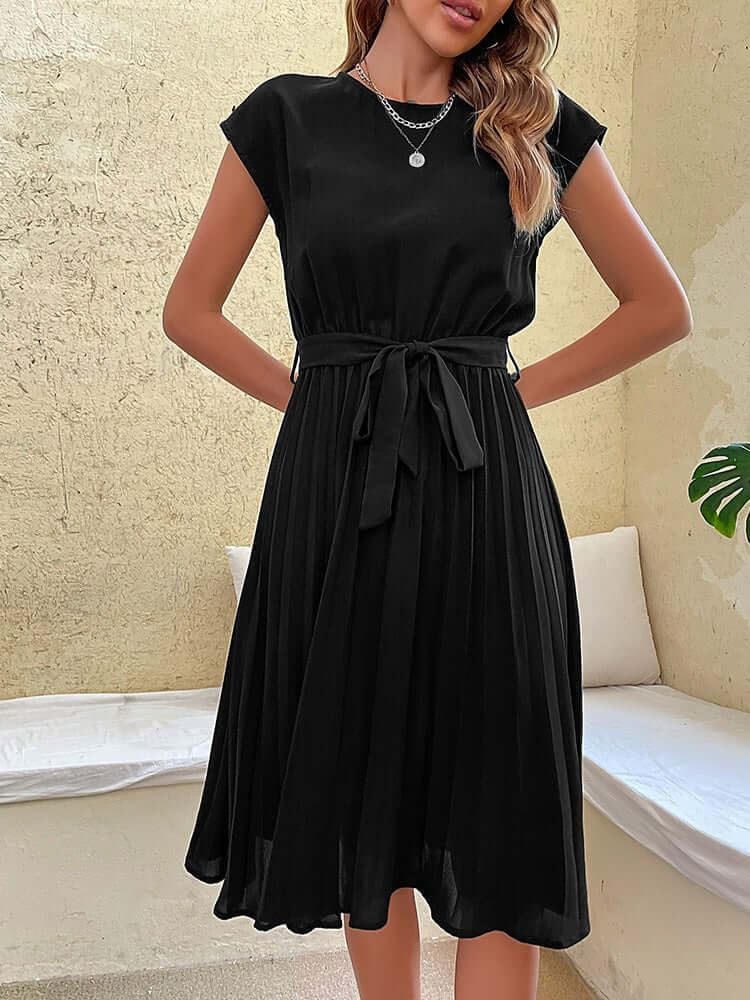 Women's Pleated Midi Dress with Tie Waist - Elena Harper