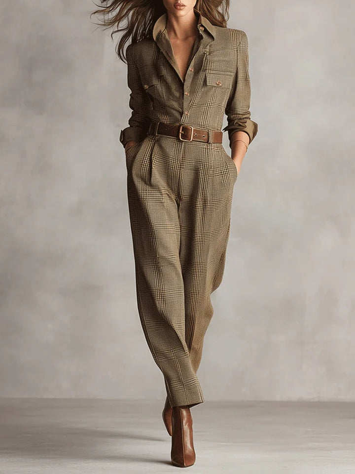 Alessia Brown Tweed Utility Jumpsuit with Refined Pattern - Elena Harper