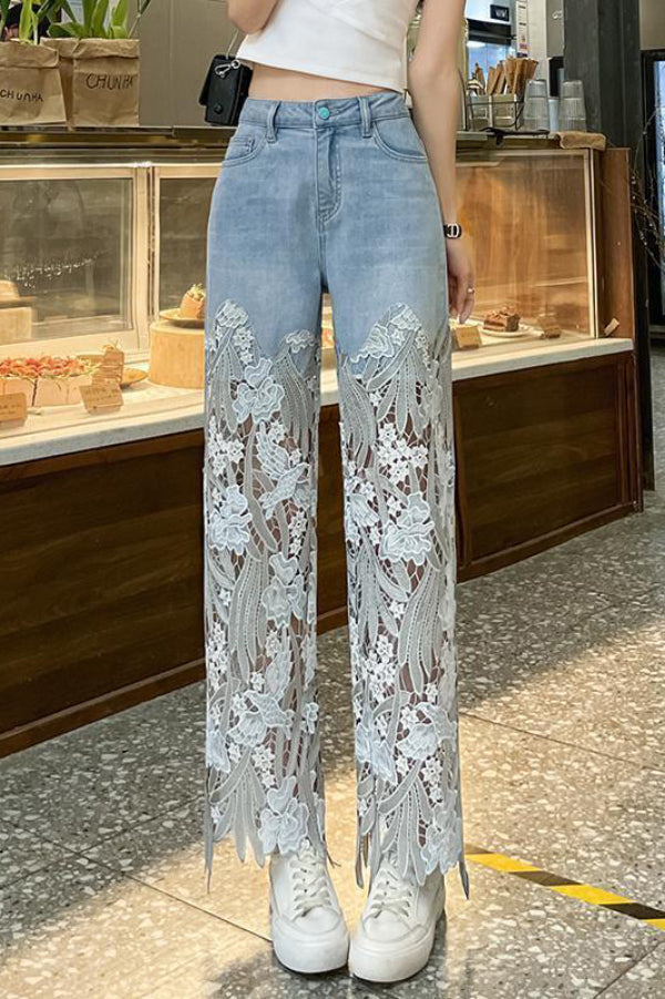 Elegant Lace Openwork Casual Pocket Straight Leg Jeans