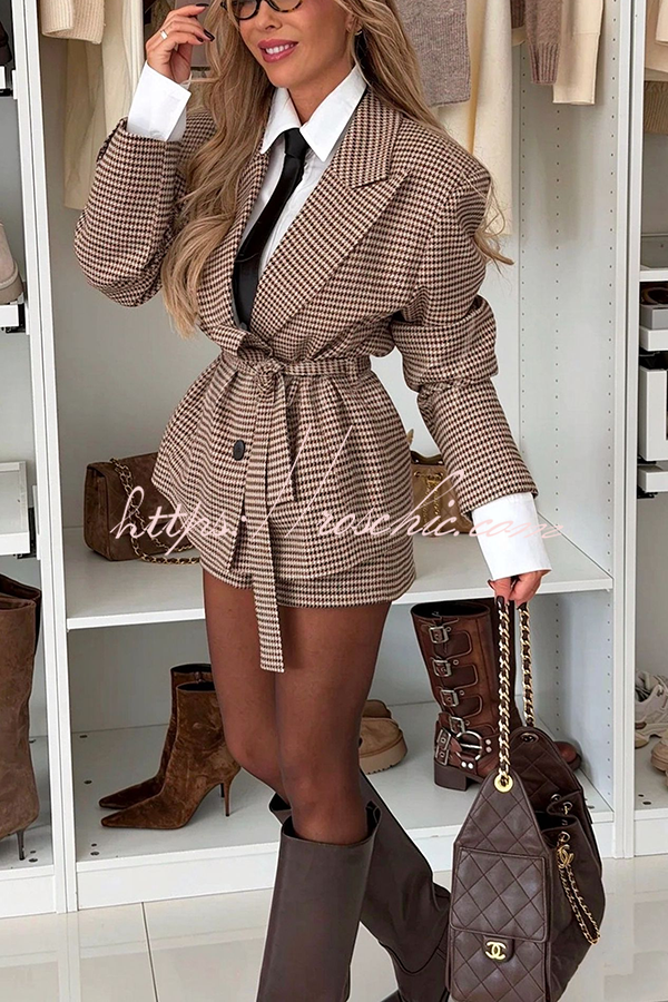 Avant-garde Classic Houndstooth Padded-shoulder Button Belted Oversized Blazer Jacket