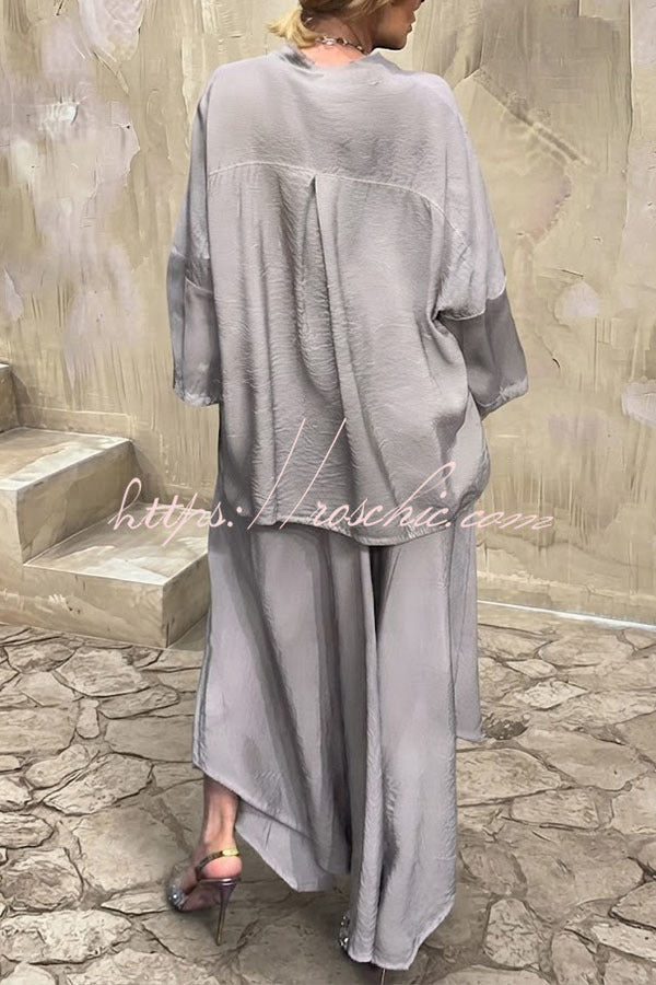 Melissa V-neck Sheer Batwing Sleeve Loose Blouse and Elastic Waist Pocketed Bell Hem Pants Set