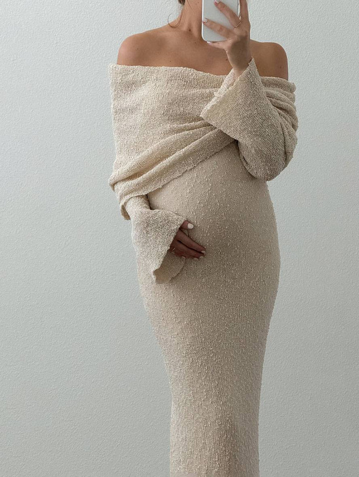 Women's A-line Dress – With Off-shoulder and Long Sleeves, Suitable for Spring and Summer