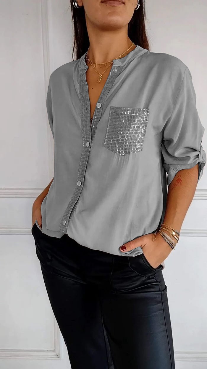 Women's Sequin Trim Button-Up Shirt - Elegant & Versatile