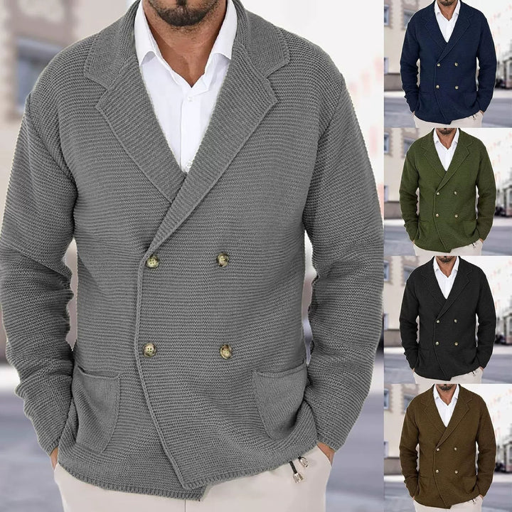 Men's Lapel Cardigan – Fitted Lightweight Double-Breasted Knit Sweater
