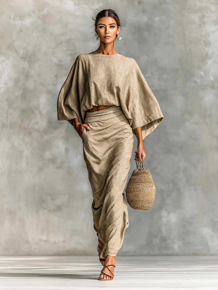 Two-piece set with long skirt in cotton-linen blend and batwing sleeves - Elena Harper