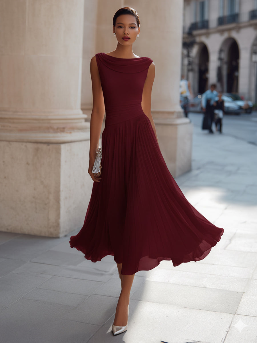 Draped Neck Sleeveless Pleated Midi Dress - Elena Harper