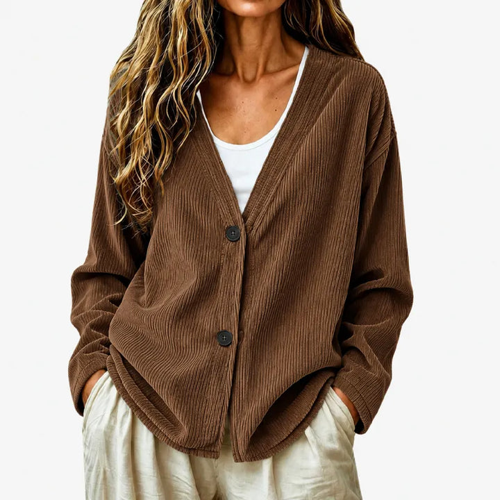 Women's Ribbed Buttoned V-Neck Cardigan, view 8 - Elena Harper