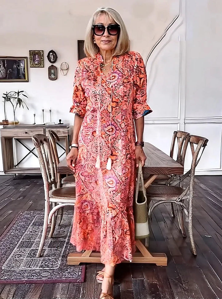 Carolette Boho Drawstring Neck Maxi Dress - Elena Harper