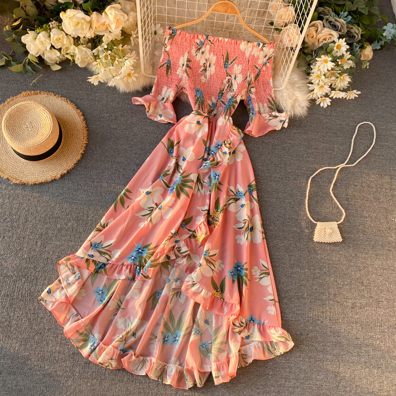 Women’s Midi Dress with Off-Shoulder, Short Sleeves, and Ruffles – Summer Style