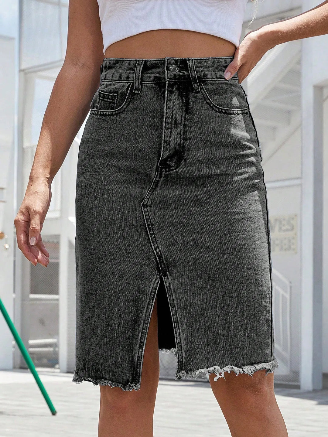 High-waisted denim skirt for women with front slit