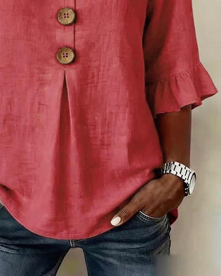 Janet V-Neck Blouse with Wooden Buttons and Ruffled Sleeves - Elena Harper