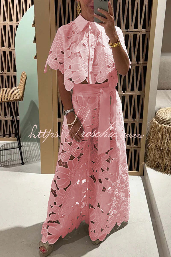Redefining Elegance Floral Lace Cropped Shirt and Belt Pocketed Wide Leg Pants Set, view 3 - Elena Harper