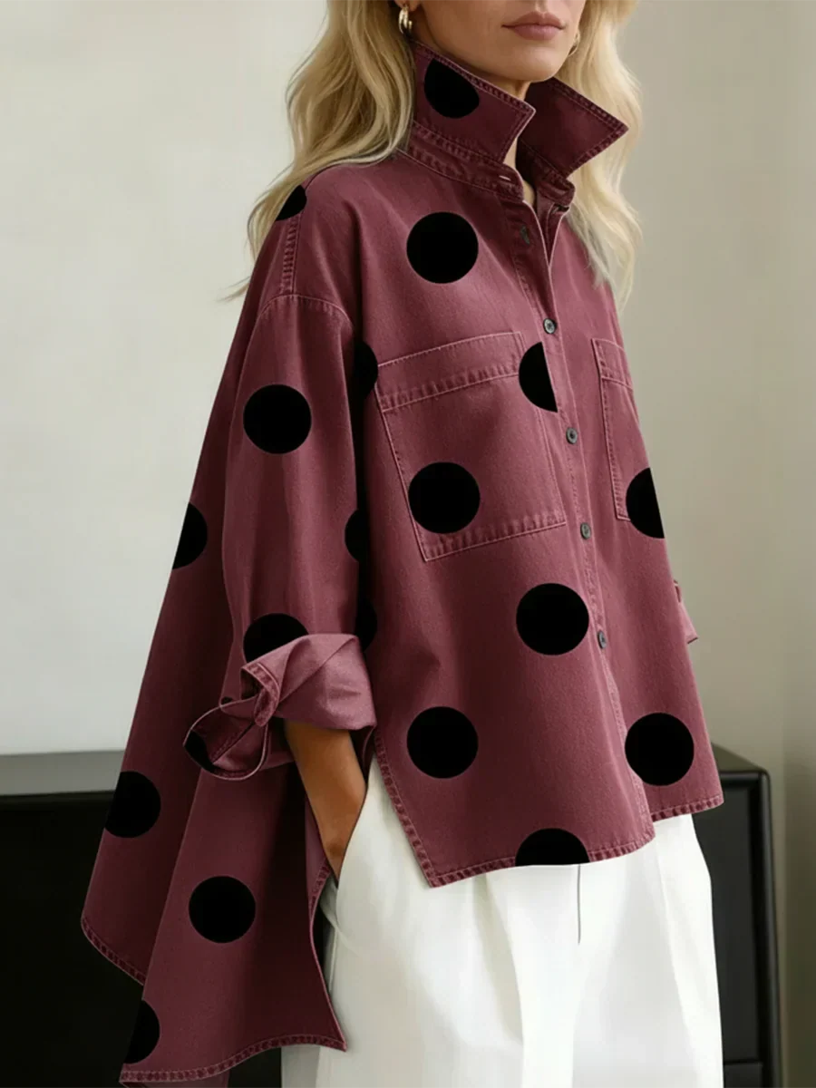 Women's Oversized Top with Artistic Dots and Elegant Structured Collar