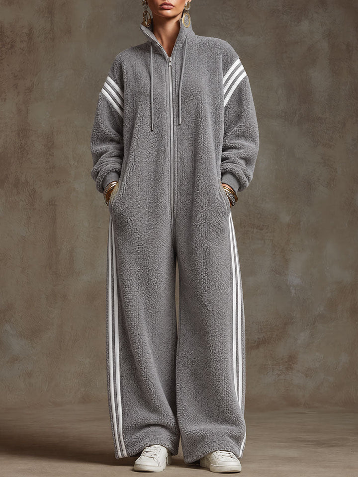 Casual Loose-fitting White Striped Gray Fleece Zip-up Jumpsuit, view 10 - Elena Harper