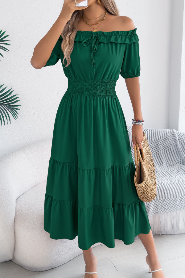 Stylish Off-shoulder Short-sleeved Pleated Waist Casual Midi Dress, view 4 - Elena Harper