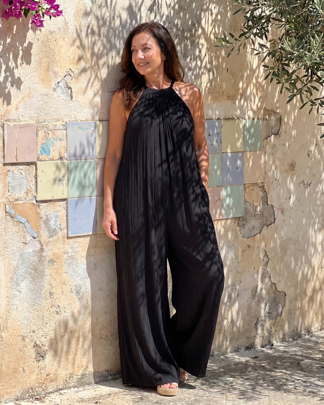 Sylvara Pleated Halter Neck Wide Leg Relaxed Jumpsuit - Elena Harper