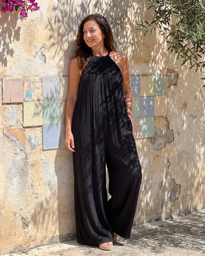 Sylvara Pleated Halter Neck Wide Leg Relaxed Jumpsuit - Elena Harper