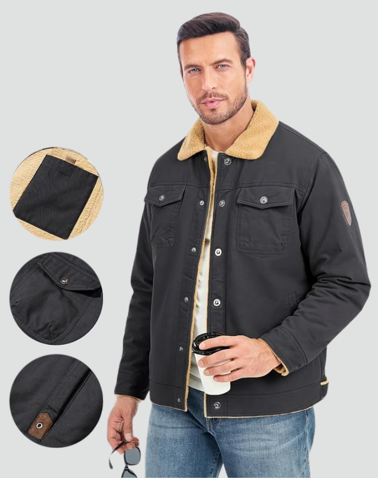 Sherpa Fleece Jacket Men Lined Snap Buttons Chest Pockets