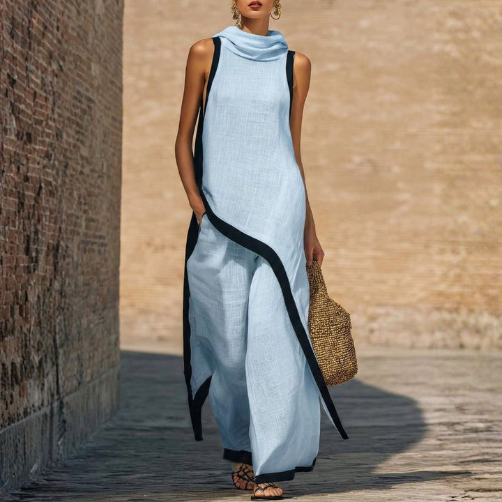 Women's Linen and Cotton Outfit with Asymmetrical Tunic and Wide Pants