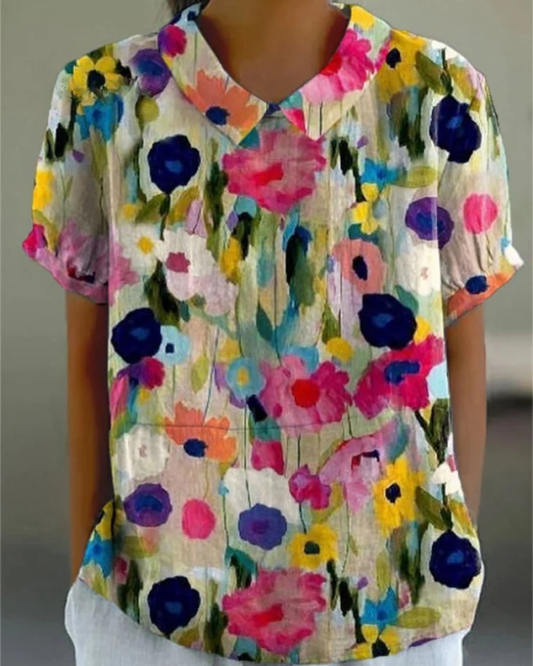 Beatrix Cotton-Linen Shirt with Retro Flowers, view 5 - Elena Harper
