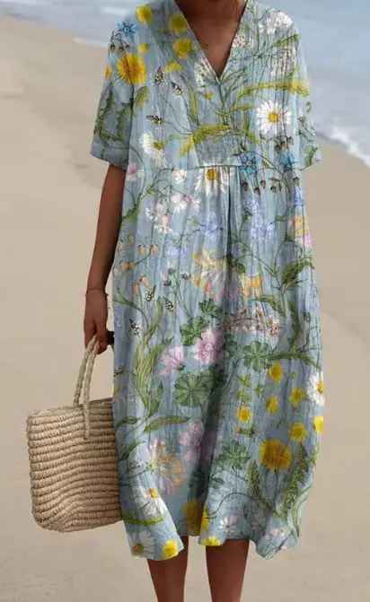 Margaret Vibrant Floral Garden Print Flowy Dress, view 9 - Elena Harper