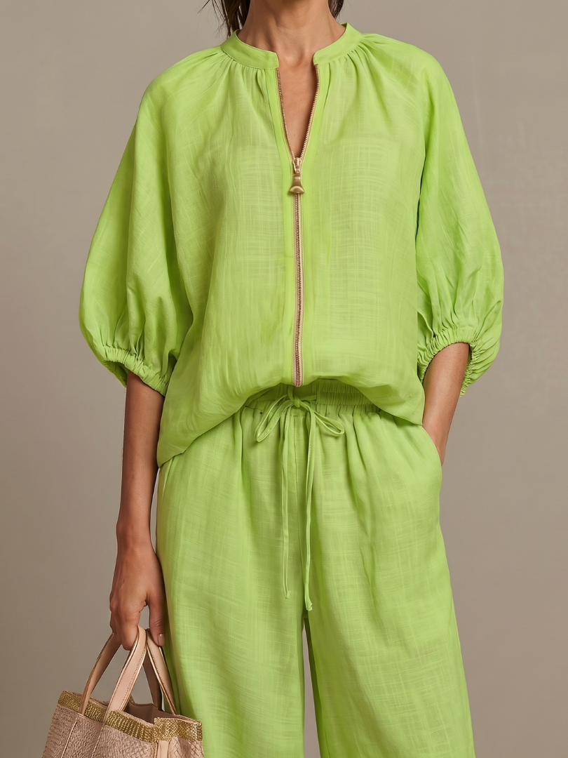 Women's Zip Front Blouson Top & Wide Leg Pants Set