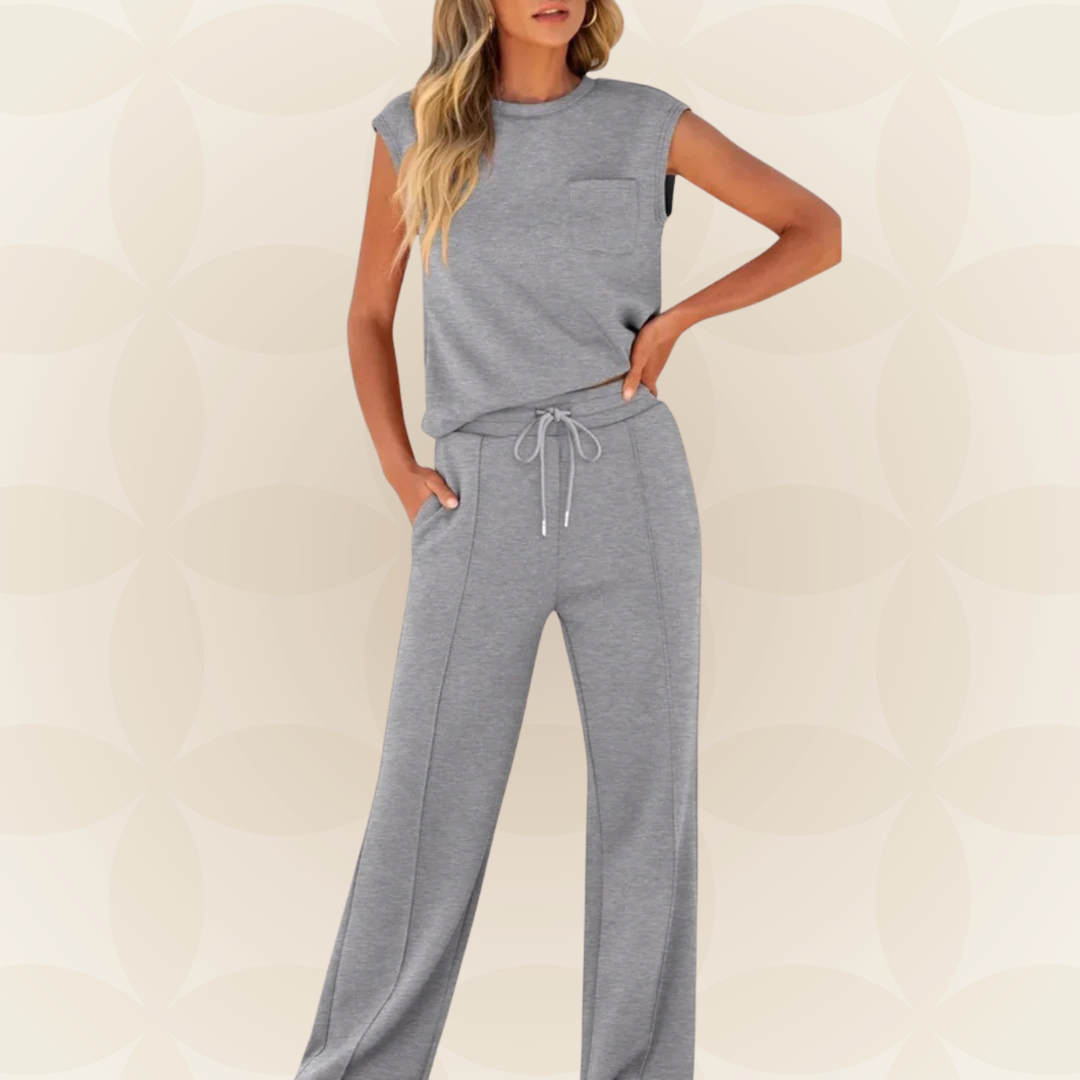 Elegant women's outfit with sleeveless top and flowy wide pants, view 8 - Elena Harper