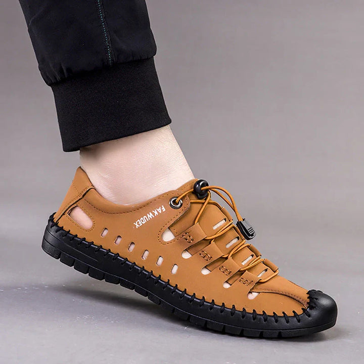 Ethan Aviator Leather Sandals with Wrap Toe, view 2 - Elena Harper