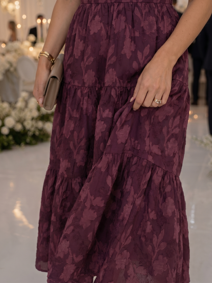 Elaria Short Sleeve Textured Floral Detail Midi Dress - Elena Harper