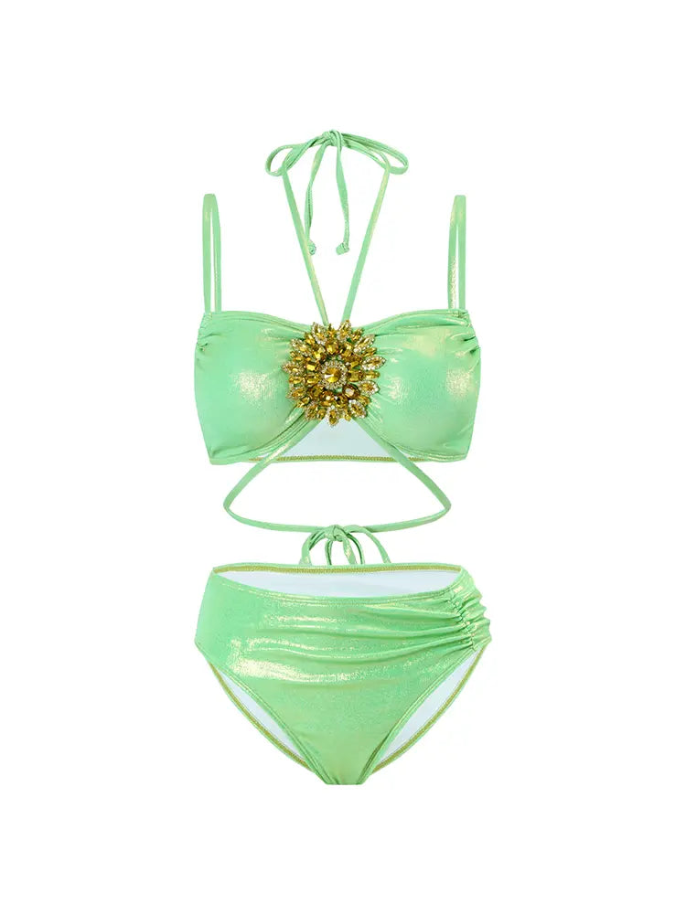 Mint Green Rhinestone Halter Bikini Set, view 8 - Elena Harper