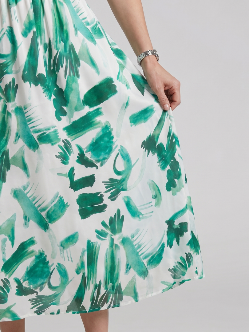 Candlia Puff Sleeve V Neck Abstract Print Midi Dress - Elena Harper