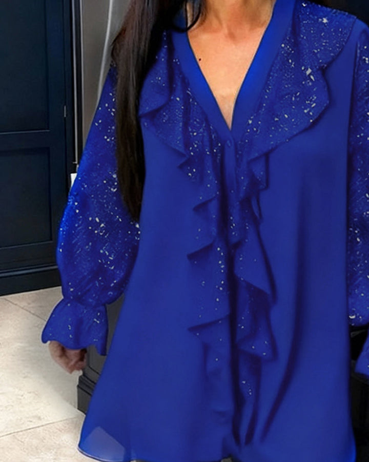 Alexiss Blouse with V-Neck and Sparkling Ruffles, view 7 - Elena Harper
