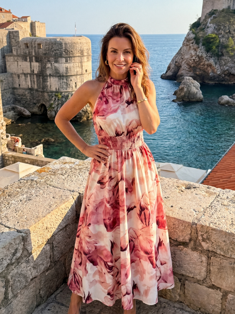 Women's Midi Dress with Abstract Print and Gathered Waist Flowing and Elegant, view 9 - Elena Harper