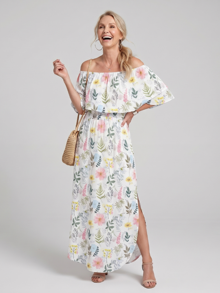 Elowira Off Shoulder Soft Floral Print Midi Dress - Elena Harper