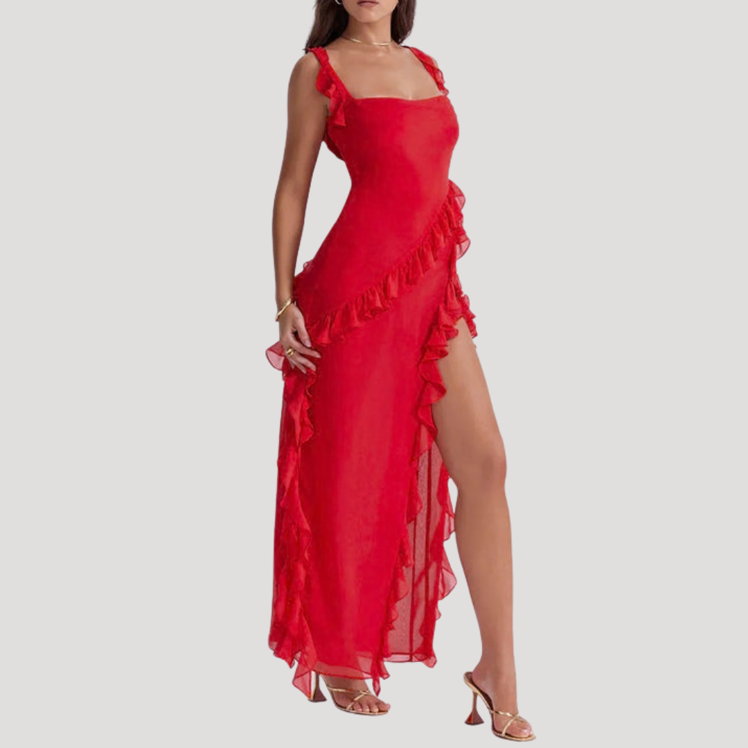 Elegant Long Split Dress with Ruffles