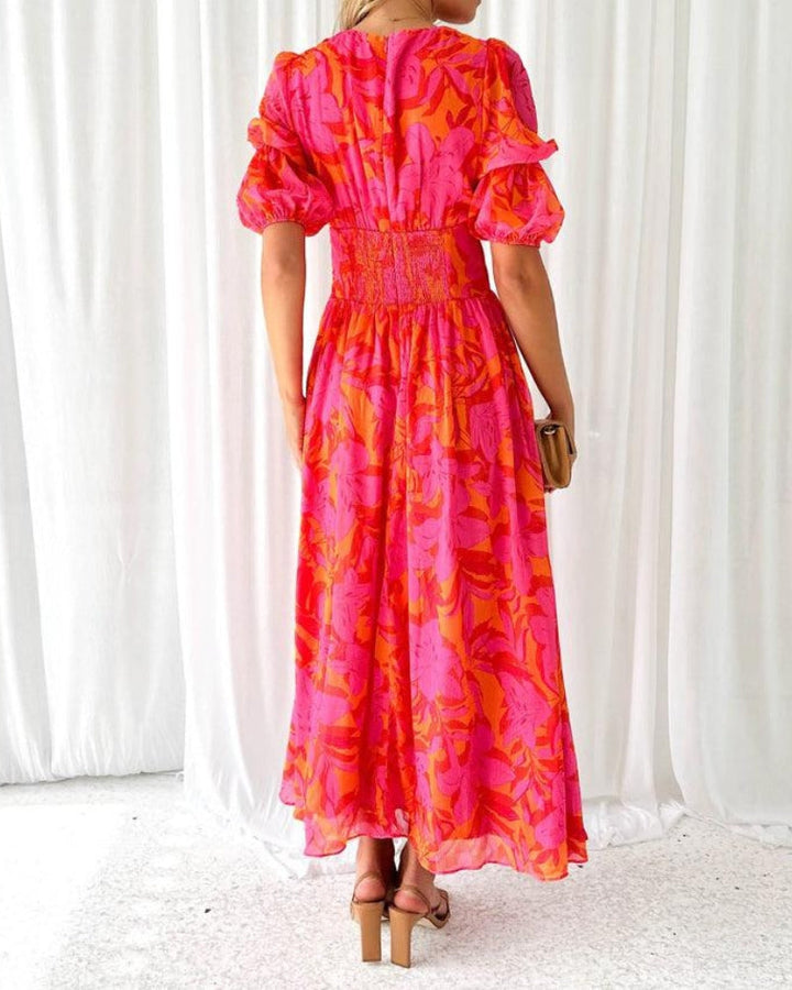 Zynelle Elegant V-neck Puff Sleeve Maxi Dress - Elena Harper