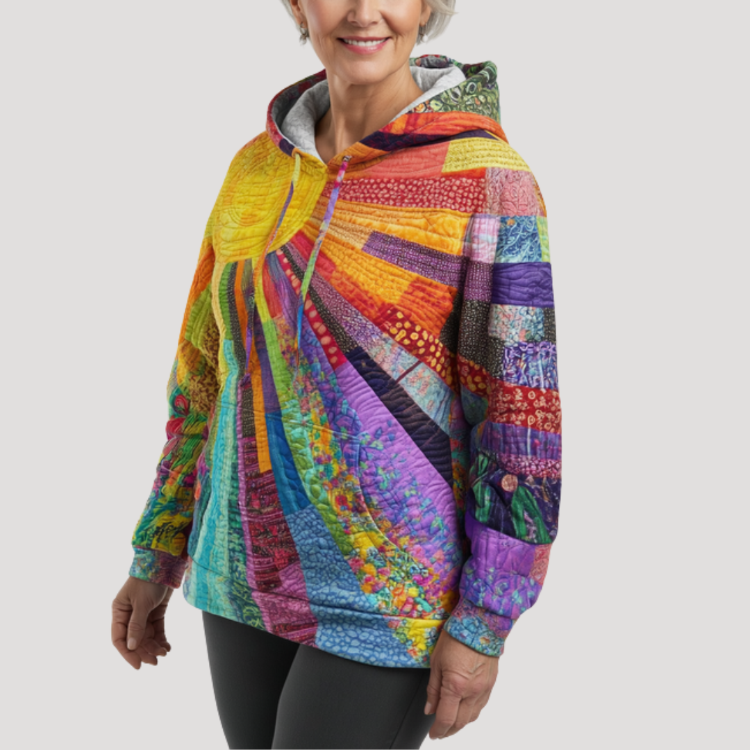 Women's Hooded Sweater with Patchwork Effect