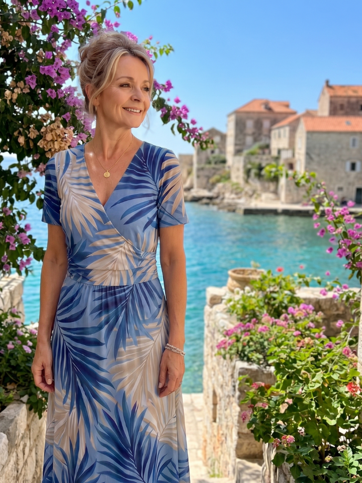 Women's Floral Print Short Sleeve V-Neck Midi Dress