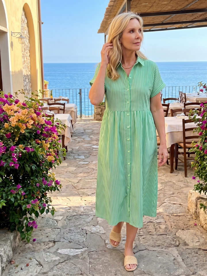 Women's Striped Short Sleeve Button-Front Midi Dress