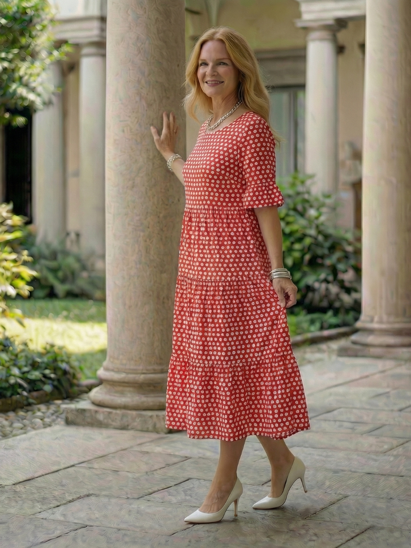 Arlo Polka Dot Tiered Midi Dress Short Sleeve - Elena Harper