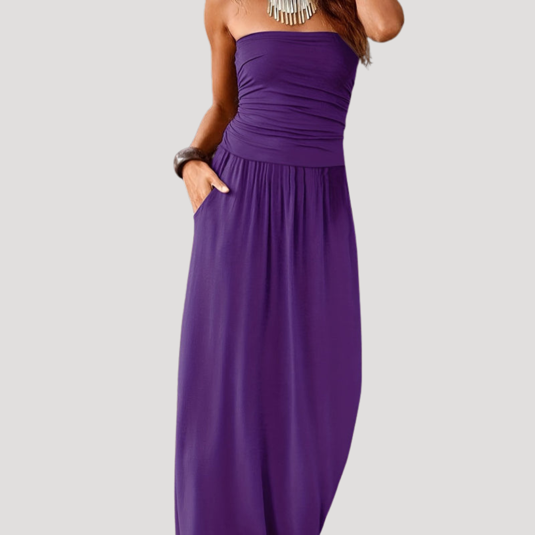 Long Strapless Gathered Dress for Women