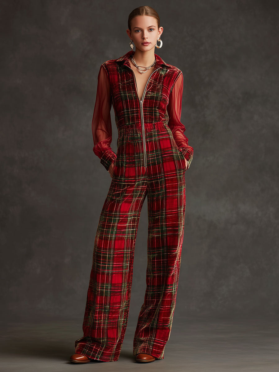 Retro Long-sleeved Mesh Red And Green Plaid Velvet Wide-leg Jumpsuit, view 3 - Elena Harper